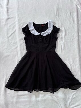 Hell Bunny Agnes Black Dress featuring a white Peter Pan collar